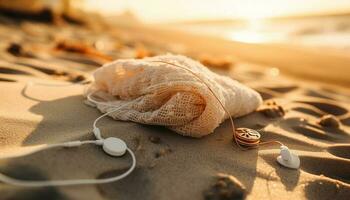 pôr do sol em a litoral, Concha do mar e corda gerado de ai foto