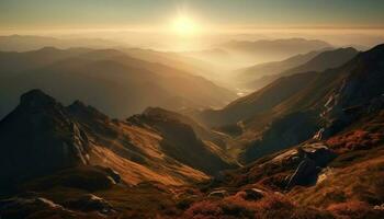 majestoso montanha pico, tranquilo nascer do sol, natureza beleza gerado de ai foto