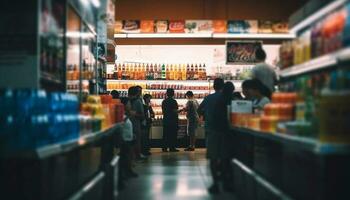 jovem adultos escolhendo fresco mercearias dentro conveniência loja gerado de ai foto