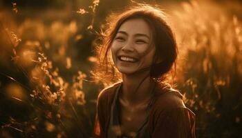 jovem mulher sorridente dentro natureza beleza gerado de ai foto