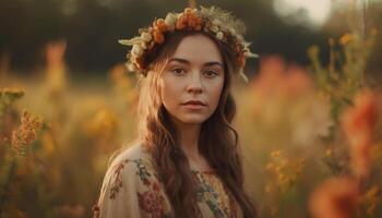 jovem mulher dentro natureza, despreocupado e feliz gerado de ai foto