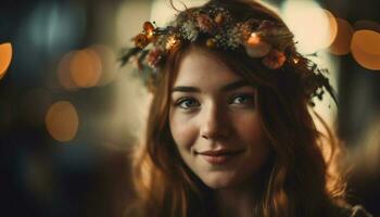 sorridente jovem mulher goza natureza fresco beleza gerado de ai foto