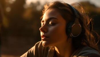 jovem mulher desfrutando natureza, ouvindo para música gerado de ai foto