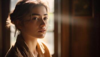 jovem mulher sentado de janela, contemplando vida gerado de ai foto