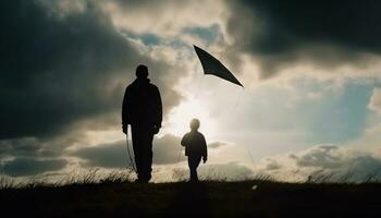 pai e filho em pé dentro natureza silhueta gerado de ai foto