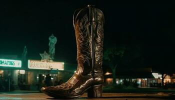 caminhando homens dentro couro botas, iluminado vida noturna placa gerado de ai foto