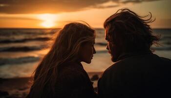 sorridente casal abraça, amor e beleza brilha gerado de ai foto