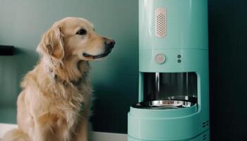 de raça pura dourado retriever cachorro sentado dentro doméstico cozinha gerado de ai foto