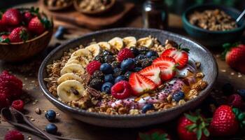 fresco baga tigela com granola e iogurte gerado de ai foto