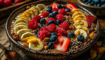 comendo fresco, orgânico baga tigela com granola gerado de ai foto