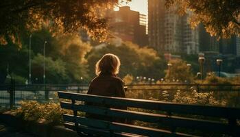1 mulher sentado em banco, desfrutando outono gerado de ai foto
