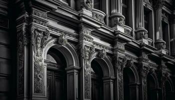 ornamentado catedral arco Entrada dentro Preto e branco gerado de ai foto