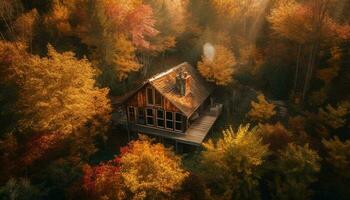 tranquilo outono panorama nebuloso floresta, amarelo folhas gerado de ai foto