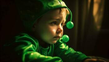 alegre criança pequena jogando com brinquedo em inverno noite gerado de ai foto