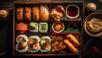 gourmet frutos do mar refeição com Sushi variação bandeja gerado de ai foto