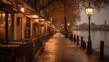 iluminado lanternas linha a velho canal beira-mar gerado de ai foto