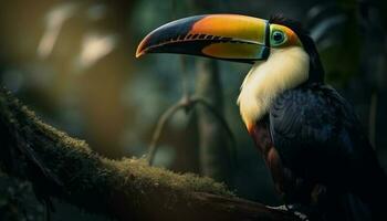 vibrante tucano poleiros em verde floresta ramo gerado de ai foto