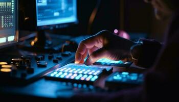 dedo torneiras teclado, iluminador escrivaninha às noite gerado de ai foto