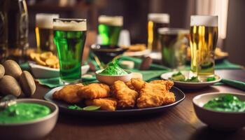 grelhado carne, frito aperitivos, Cerveja em mesa gerado de ai foto