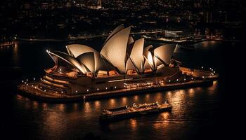 Navegando navio reflete cidade luzes às crepúsculo gerado de ai foto