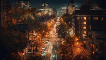 iluminado cidade Horizonte, borrado movimento, brilhante luzes gerado de ai foto