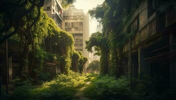 verde folhas iluminado de desaparecimento luz solar brilho gerado de ai foto