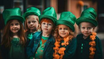 sorridente menina às dia das Bruxas festa com amigos gerado de ai foto