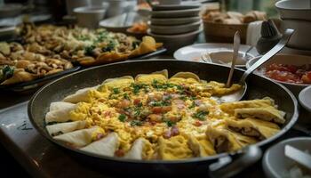 saudável comendo refeição com vegetariano omelete variação gerado de ai foto