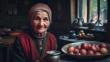 sorridente Senior mulher cozinhando saudável orgânico Comida gerado de ai foto