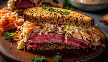 grelhado bife sanduíche, fresco verdes, caseiro guacamole gerado de ai foto