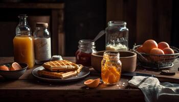 doce caseiro marmelada em rústico de madeira mesa gerado de ai foto