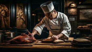 1 homem cozinhando gourmet caseiro refeição dentro de casa gerado de ai foto