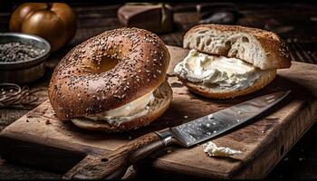 torrado ciabatta pão, grelhado carne, fresco legumes gerado de ai foto