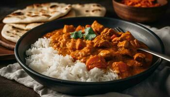 gourmet Curry tigela com recentemente cozinhou basmati arroz gerado de ai foto