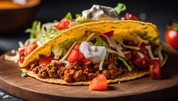 grelhado carne taco com fresco guacamole e salsa gerado de ai foto