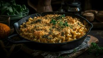 caseiro vegetariano caçarola cozinhou em rústico mesa gerado de ai foto