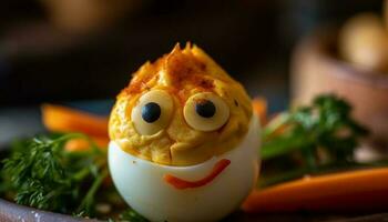 saudável refeição, orgânico salada, sorridente animal ovo gerado de ai foto