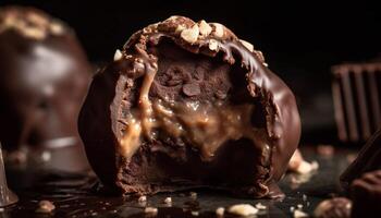 indulgente caseiro chocolate lasca Brownie, tentador sobremesa gerado de ai foto