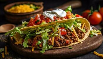 grelhado carne taco, fresco guacamole, rústico especiaria gerado de ai foto