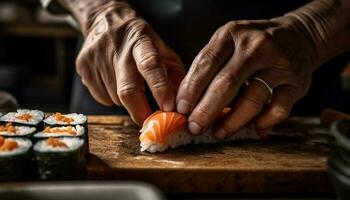 habilmente enrolado sashimi e maki Sushi prato gerado de ai foto