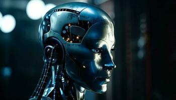 futurista robô cyborg retrato, metal e plástico fantasia gerado de ai foto