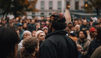 ampla grupo ao ar livre sorridente, caminhando dentro inverno gerado de ai foto