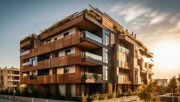 luxo apartamento construção com vidro fachada reflete pôr do sol gerado de ai foto