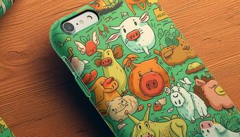 sorridente desenho animado porco tocam com colorida telefone gerado de ai foto