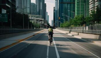 ciclismo atleta velocidades através cidade tráfego borrão gerado de ai foto