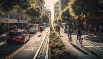 carros pressa através lotado cidade rua às crepúsculo gerado de ai foto