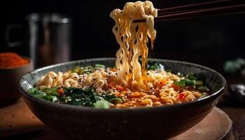 picante ramen tigela com fresco legumes e frutos do mar gerado de ai foto