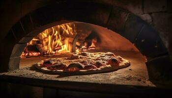 rústico tijolo forno, madeira disparamos pizza com fresco mozzarella gerado de ai foto