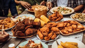 grelhado carne e fritas para ao ar livre celebração gerado de ai foto