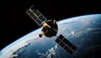 nave espacial órbita planeta terra para global comunicações gerado de ai foto